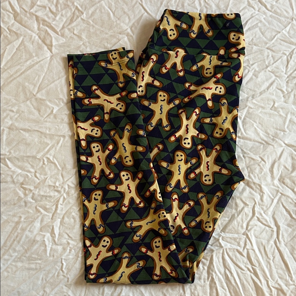LuLaRoe Gingerbread Christmas Patterned Leggings - Blue Green and tan